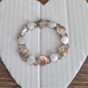 Sterling Silver .925 Mother Of Pearl Cabochon Link‎ Bracelet 7” Minimalist